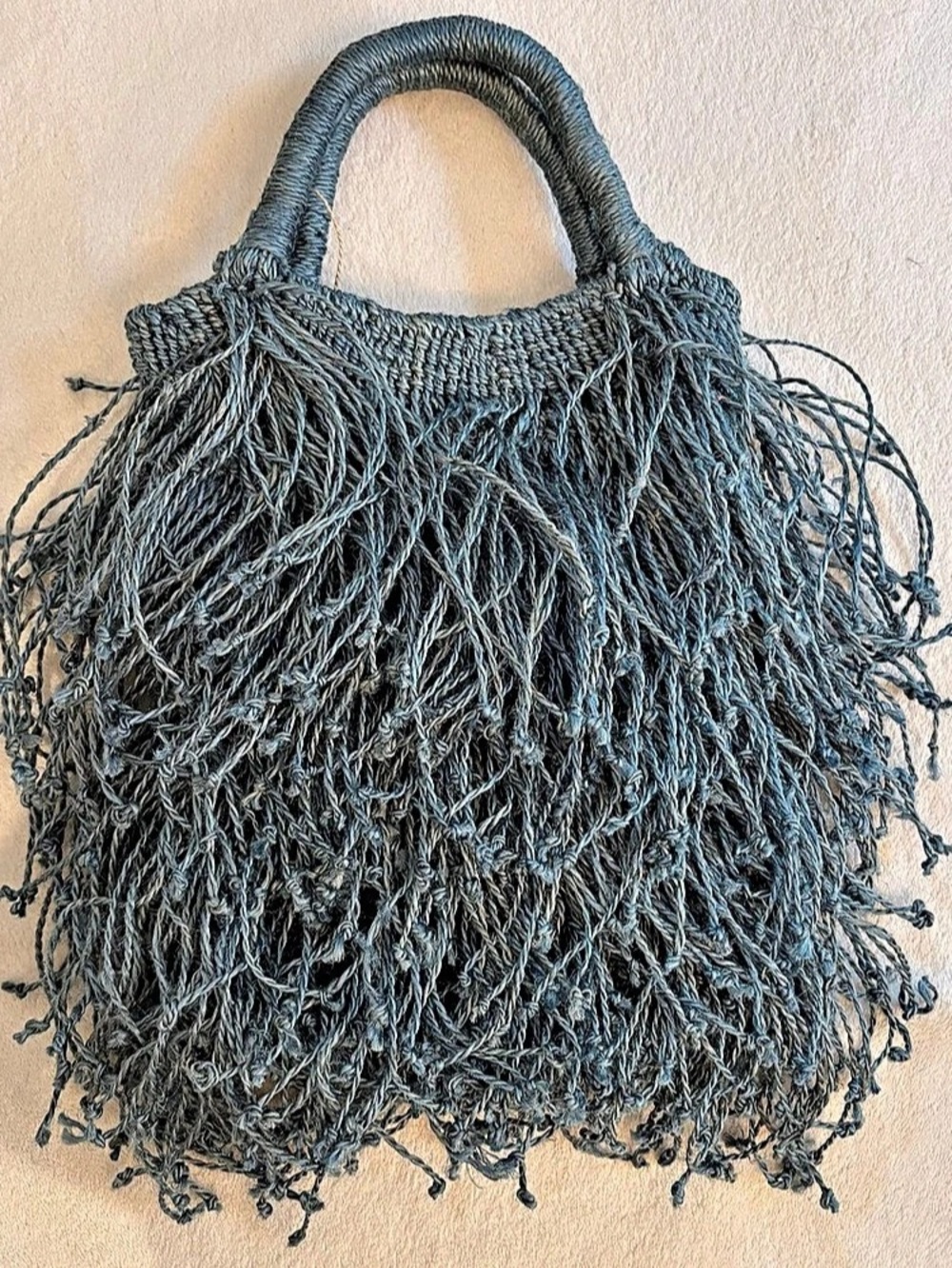 Maison Bengal Jute Macramé Fringe Bag Blue Jute Fringe Tote NWT